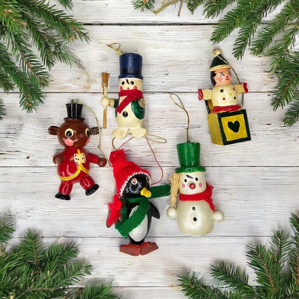 Vintage Handcrafted Wood Christmas Ornaments Set Of 5 Traditional Snowman Pengui